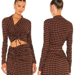 ALC Oryn Black Brandy Brown Top Womens Sz 4‎ Ruched Long Sleeve Plaid Check Boho